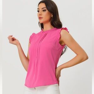 WOMEN’S PINK ALLEGRA K RUFFLE COLLAR SLEEVELESS BLOUSE SIZE LARGE - STUNNING!